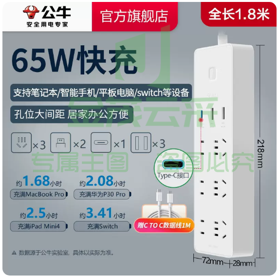 公牛插座 usb插排 插线板  65W快充 1.8米  6插位+3USB总控