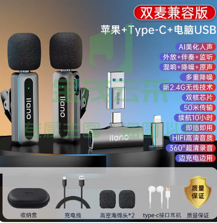 绿巨能 无线麦克风 【旗舰版】双麦‖Type-C+电脑USB‖智能降噪‖AI美声  领夹式收音麦器 手机直播录音话筒蓝牙