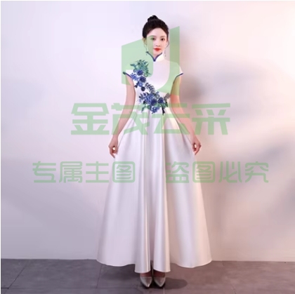 青花瓷迎宾礼服中国风酒店接待礼仪旗袍合唱演出服女长裙礼服学生