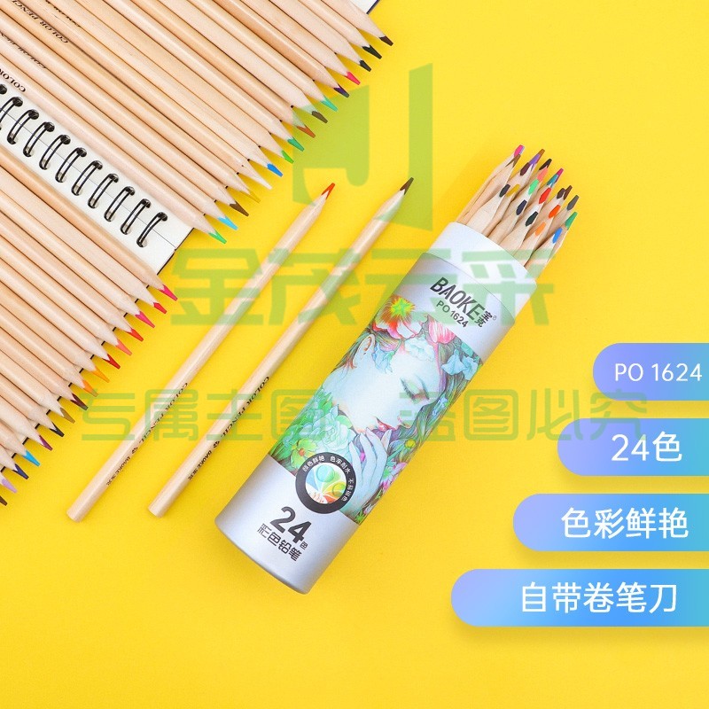宝克（BAOKE） 三角杆彩色铅笔套装 原木学生绘画艺术写生彩色铅笔儿童涂色彩笔绘画画笔套装美术用品 24色/24支/筒  PO1624