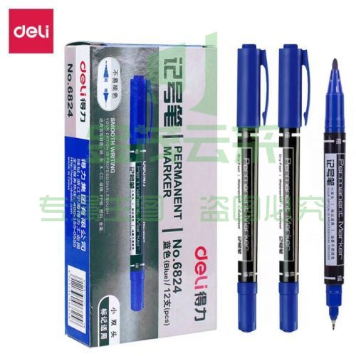 得力（deli）6824 蓝色双头多用油性记号笔签字笔 勾线笔会议笔马克笔 蓝色12支/盒装