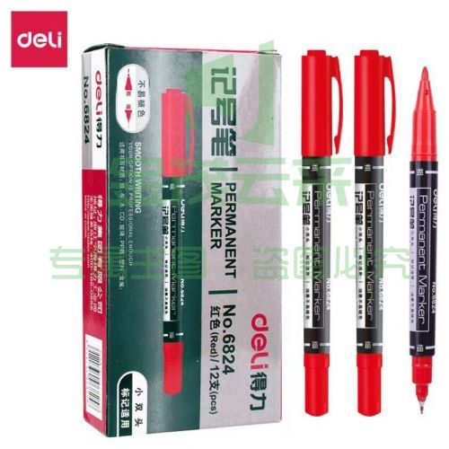 得力（deli）6824 红色双头多用油性记号笔签字笔 勾线笔会议笔马克笔 红色12支/盒装