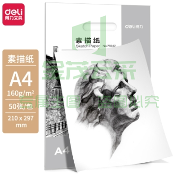得力(deli)A4素描纸50张 160g绘画纸彩铅画 美术写生手绘临摹学生用初学者速写铅画纸 73942