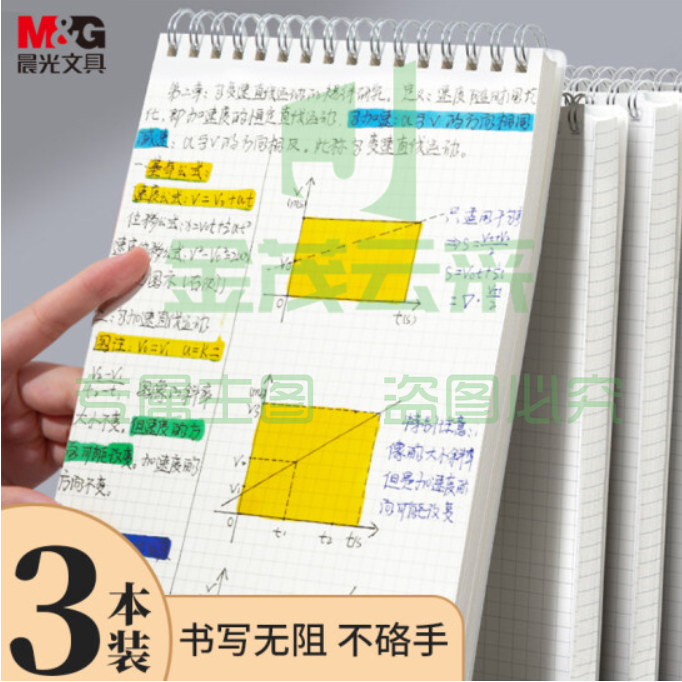 晨光(M&amp;G)文具B5/80张PP上翻线圈本 活页本笔记本子 学生日记本 方格手账本 3本装XB5835