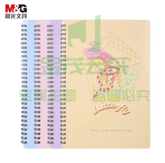 晨光 (M&amp;G)文具A5/60张螺旋双线圈本 记事笔记本子 学生本日记本 蝶影系列横线本手账本办公本 4本装APY7BZ50