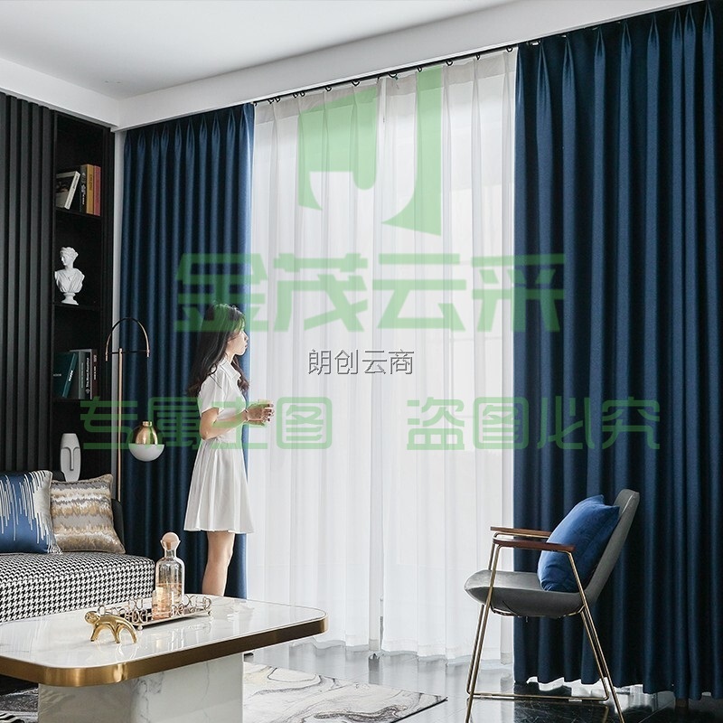 铭聚布艺 定制高遮光窗帘北欧简约隔热卧室客厅窗帘成品窗帘 双面仿麻深蓝色 挂钩式3米宽*2.7米高 单片装