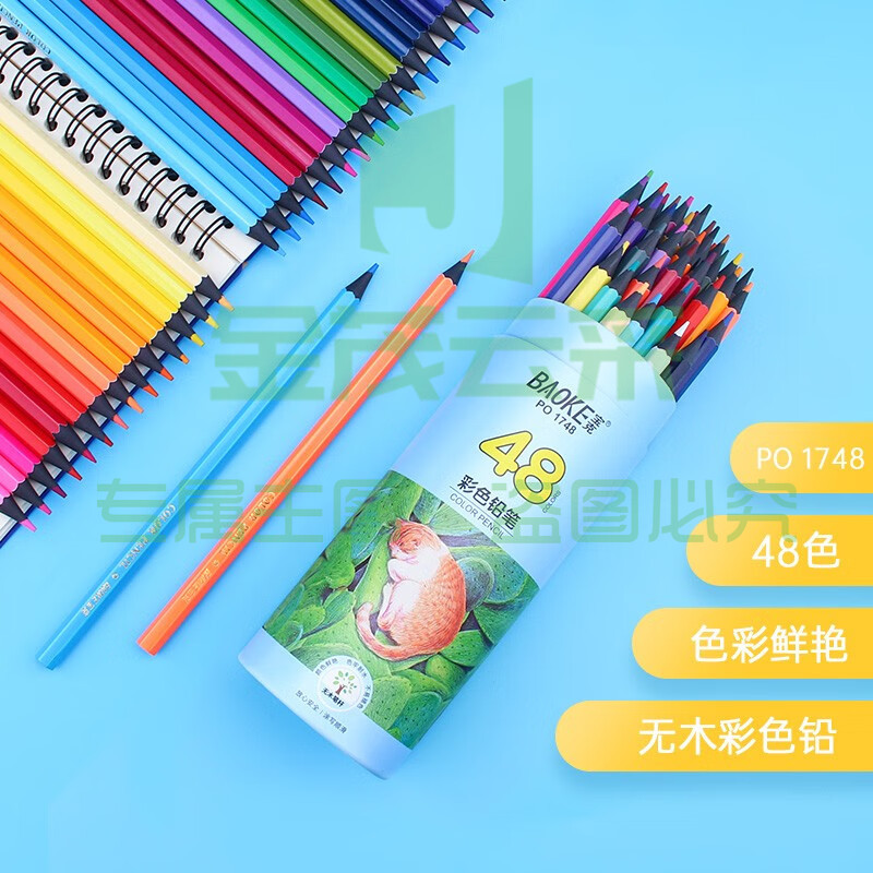 宝克（BAOKE） 无木彩色铅笔 六角杆儿童绘画填色 桶装中小学生涂色画画笔套装 学生美术用品 文具 48色 PO1748