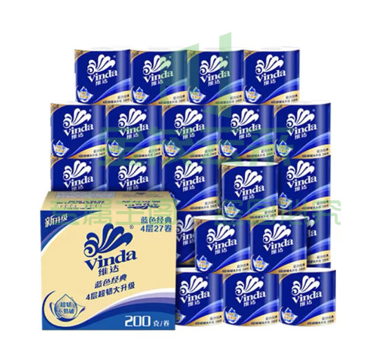维达(Vinda)有芯卷纸 蓝色经典4层200克*27卷 高克重 卫生纸 卷筒纸纸巾 整箱