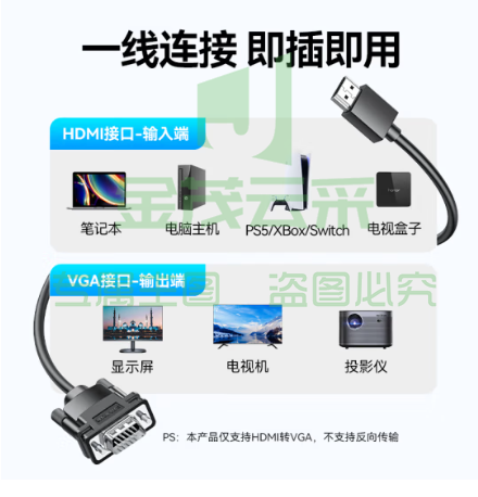 山泽 HDMI转VGA转换器线 高清投屏转接头视频线 电脑笔记本盒子连投影仪电视显示器1米 SHV10